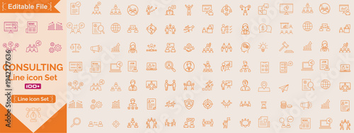 Consulting icon set of scope, creative, business, technology, construction, health, team, idea, university, management, worker, creativity, partnership, employee, manager, biotechnology, Line icon set