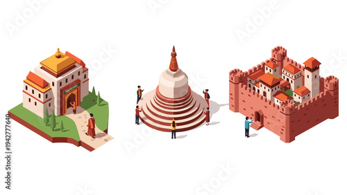 Isometric landmarks: pagoda, castle, historical site with visitors