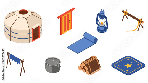 Camping essentials isometric set with yurt, lantern, and outdoor gear