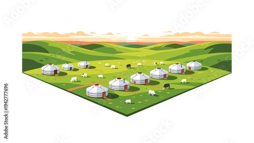 Peaceful pastoral scene with traditional yurts in rolling green landscape at sunset