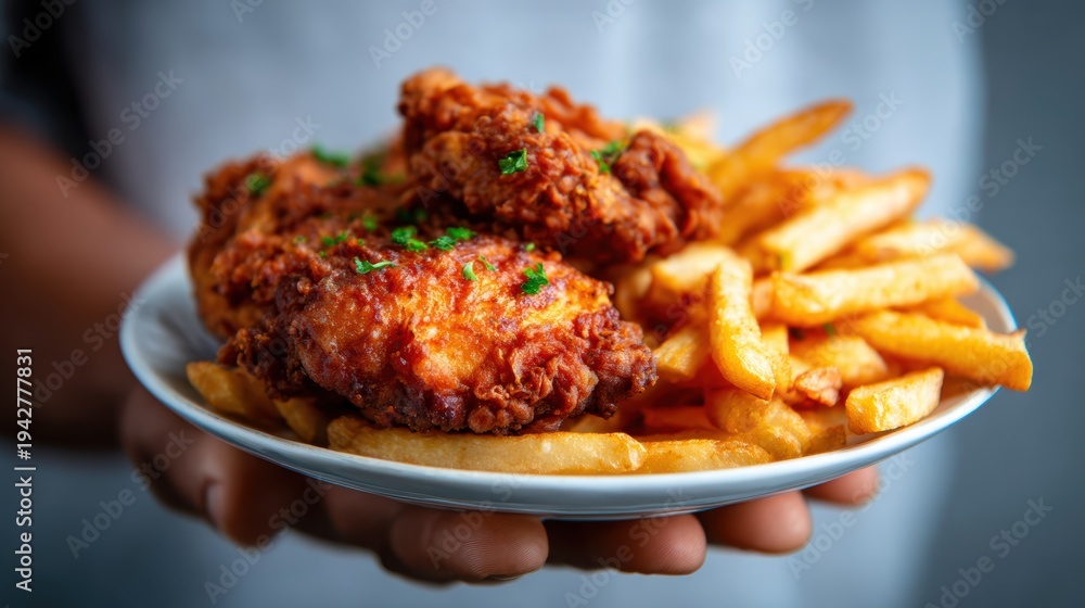 Fototapeta premium This appetizing image presents a plate of crispy fried chicken paired with golden French fries, evoking a sense of comfort, satisfaction, and the joy of enjoying hearty cuisine.