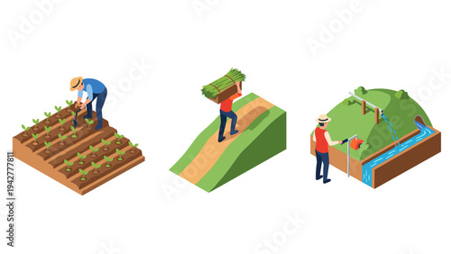 Sustainable farming practices with isometric design: planting, harvesting, irrigation techniques