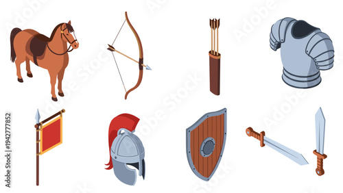 Medieval warfare icons set featuring weapons, armor, and horse in isometric style