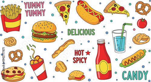 Colorful Fast Food Doodle Set Featuring Burger, Fries, Pizza, Hot Dog, Pretzel, Soda, and Street Snack Illustrations