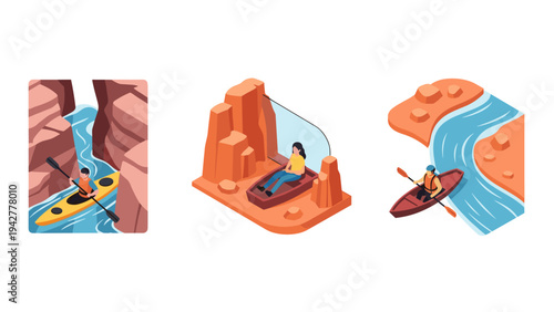 Adventure icons with kayak, tourist spot, and river journey in isometric design
