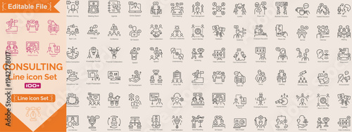Consulting icon set of scope, creative, business, technology, construction, health, team, idea, university, management, worker, creativity, partnership, employee, manager, biotechnology, Line icon set