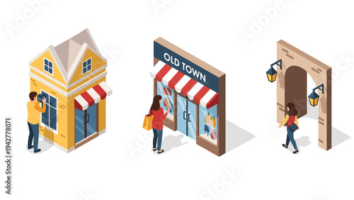 Isometric urban scene with people shopping and exploring historic architecture