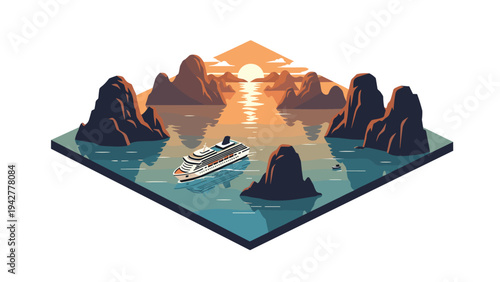 Cruise ship navigating picturesque seascape at sunset in isometric art style