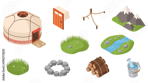 Traditional nomadic yurt elements in isometric design with camping accessories and nature features