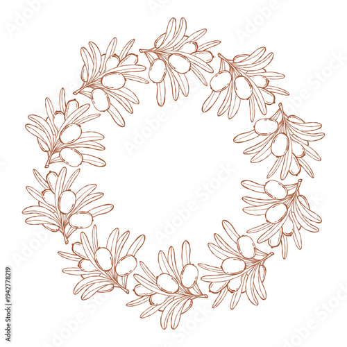 Outline Sea Buckthorn Circular Wreath. Botanical Round Frame with Branch Berries with Empty Copy Space. Isolated Line Art hand-drawn Template on White. Vector illustration