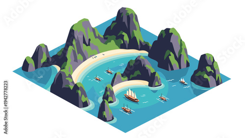 Tropical island isometric view with boats and rocky mountains