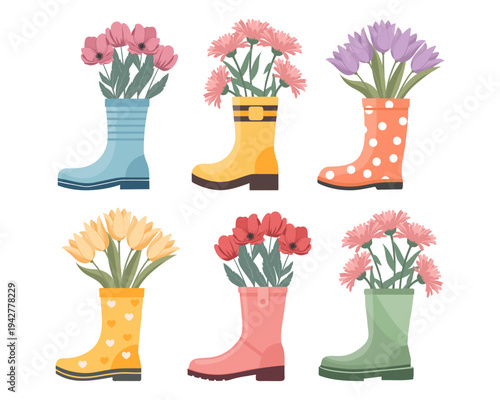 Collection of rain boots with bouquets of spring flowers. Cute spring illustrations.