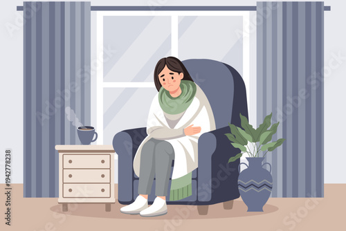 Sad woman in blanket sitting in armchair and drinking a hot drink. Concept of illness, sickness, cold, flu, fever. Illustration.