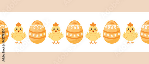 Cute chicks and Easter eggs seamless pattern border. Illustration.