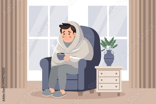 Sad man in blanket sitting in armchair and drinking a hot drink. Concept of illness, sickness, cold, flu, fever. Illustration.