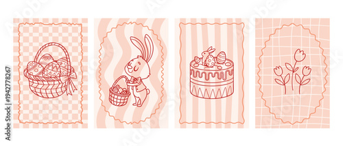 Cute set of Easter cards with hand drawn eggs, bunny, cake and flowers. Illustration.