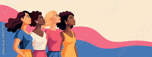 Horizontal banner with women of different skin colors, nationalities. Feminist, freedom concept.