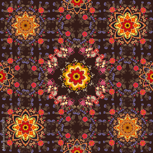 Delightful seamless pattern for fabric with mandalas, complex floral ornament...