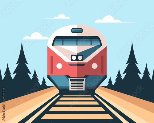 Modern red train on tracks in a forest. The train moves across the landscape. Illustration.