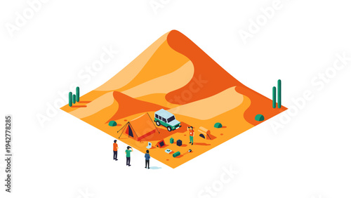 Isometric desert camping scene with tent and people