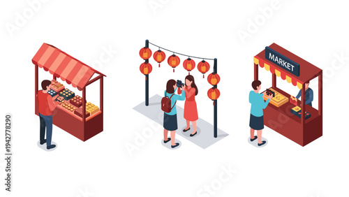 Isometric market scene: people enjoying street food and chinese lanterns