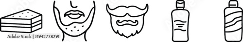 Cake slice beard and grooming product bottle icons on white background