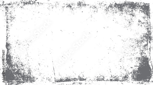 Grey textured grunge border overlay with scattered dust and scratches on white background frame