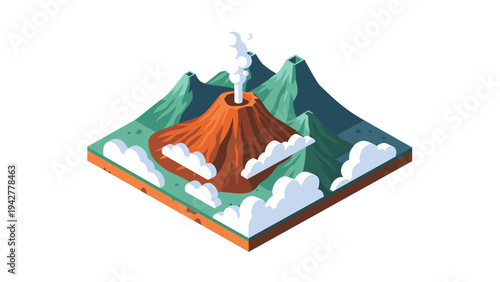 Isometric volcano eruption scene with mountains and clouds in flat design