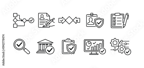 Checklist and compliance icons representing approval, verification, and quality control