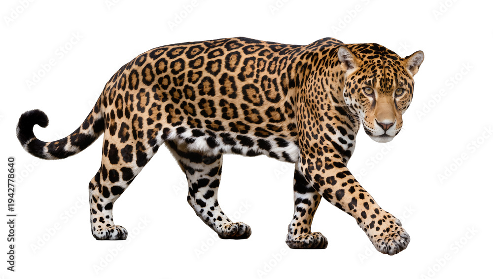 Obraz premium Isolated Jaguar walking forward portrait, fierce feline predator with distinctive rosette pattern
