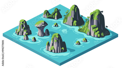 Isometric tropical landscape with rocky islands and turquoise waters