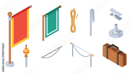 Isometric event accessories set: flags, ropes, and stanchions for venue design
