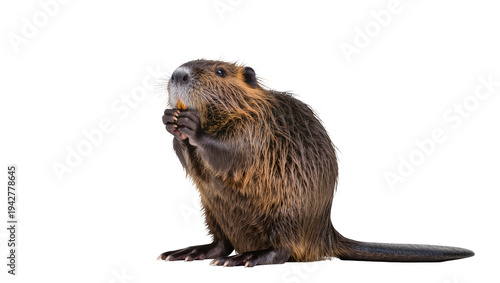 Isolated brown beaver sitting upright while looking up and holding food with both paws animal