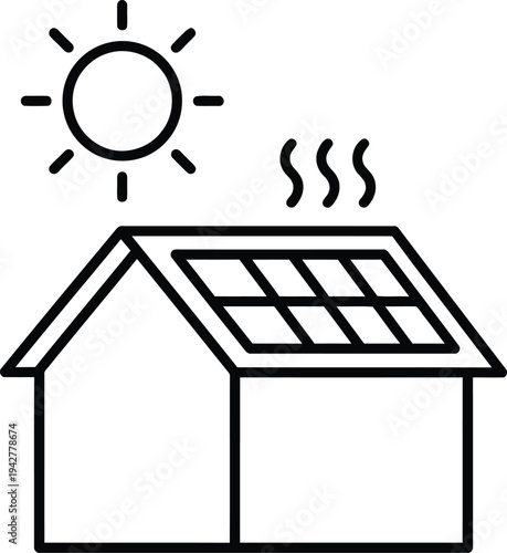 A simple line drawing of a house with solar panels on the roof