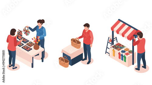 Isometric market scenes with crafts, wares, and photography
