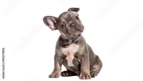 Obraz na płótnie Isolated curious lilac French Bulldog puppy tilting head, looking at camera atte