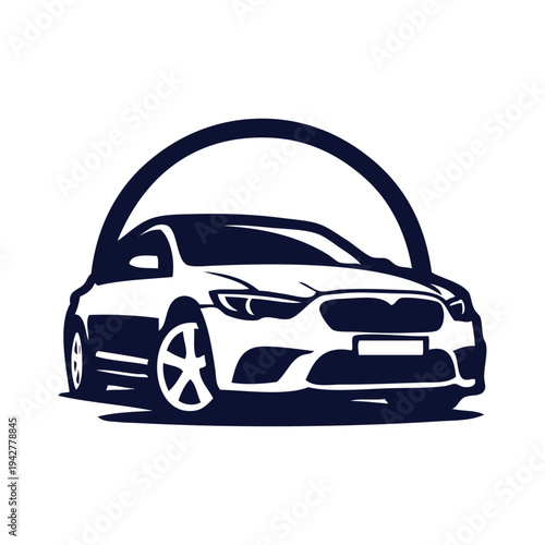 Logo concesionario de coches. Dibujo con líneas de un vehículo de lujo en un círculo 