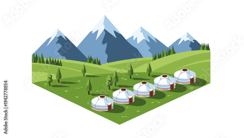 Idyllic mountain landscape with yurts and pine trees in flat style