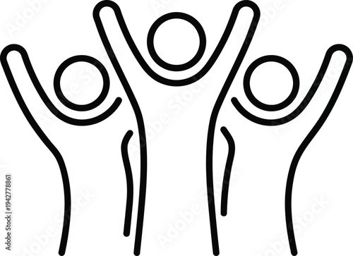 A minimalist line drawing of three people with their hands raised in celebration