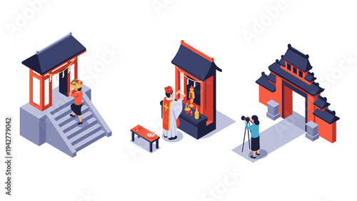 Isometric cultural activities at asian temples and shrines