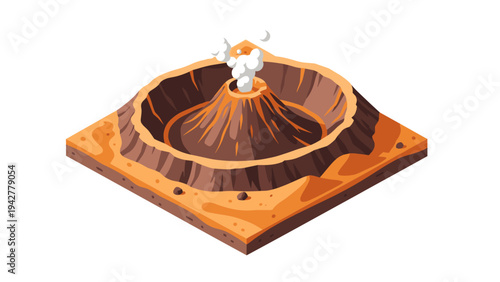 Isometric volcano landscape with erupting crater and smoke on simplified terrain