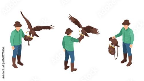 Isometric falconer and eagle interaction with hood and perch elements