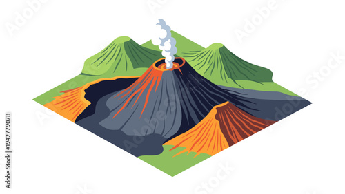 Colorful isometric volcano with smoke eruption and surrounding landscape