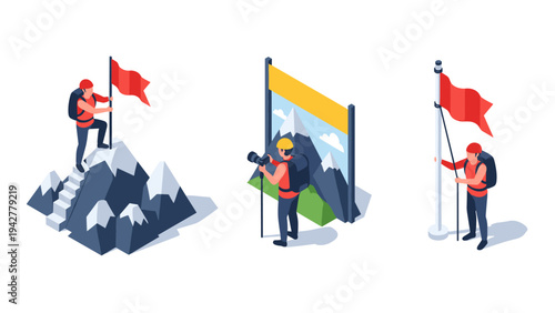 Isometric hiking adventure: mountaineers conquering peaks and capturing scenery