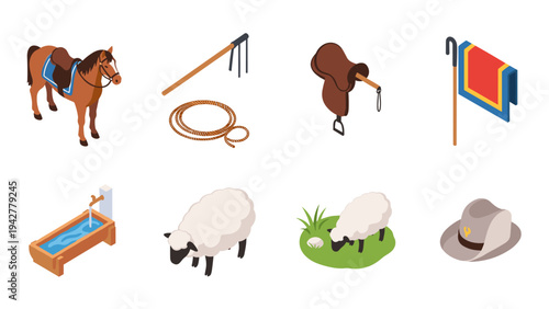 Isometric ranch essentials: horse, sheep, saddle, and cowboy gear