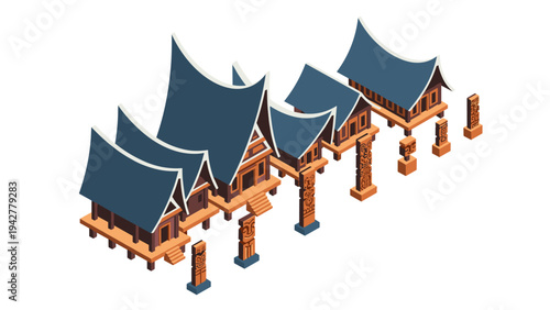 Traditional indonesian architecture with unique roof design in isometric view