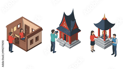 Isometric scenes of tourists visiting traditional asian architecture