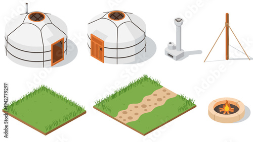 Isometric yurt set with accessories and terrain elements