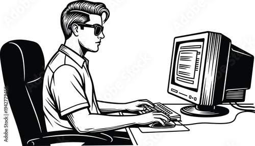 Retro style man using desktop computer with sunglasses, vintage programmer workspace black and white vector illustration