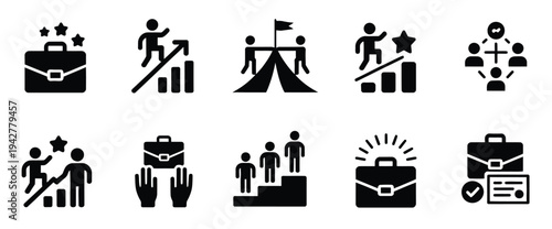 Business competition icon set, showcasing icons for success, targets, goals, victory, leadership, achievement, career growth, management strategy, and mountain peak challenge concepts in vector style.